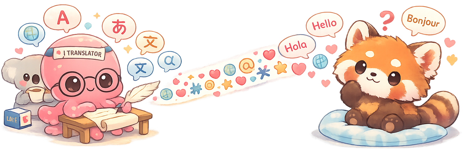 A kawaii octopus translator and red panda exchanging greetings